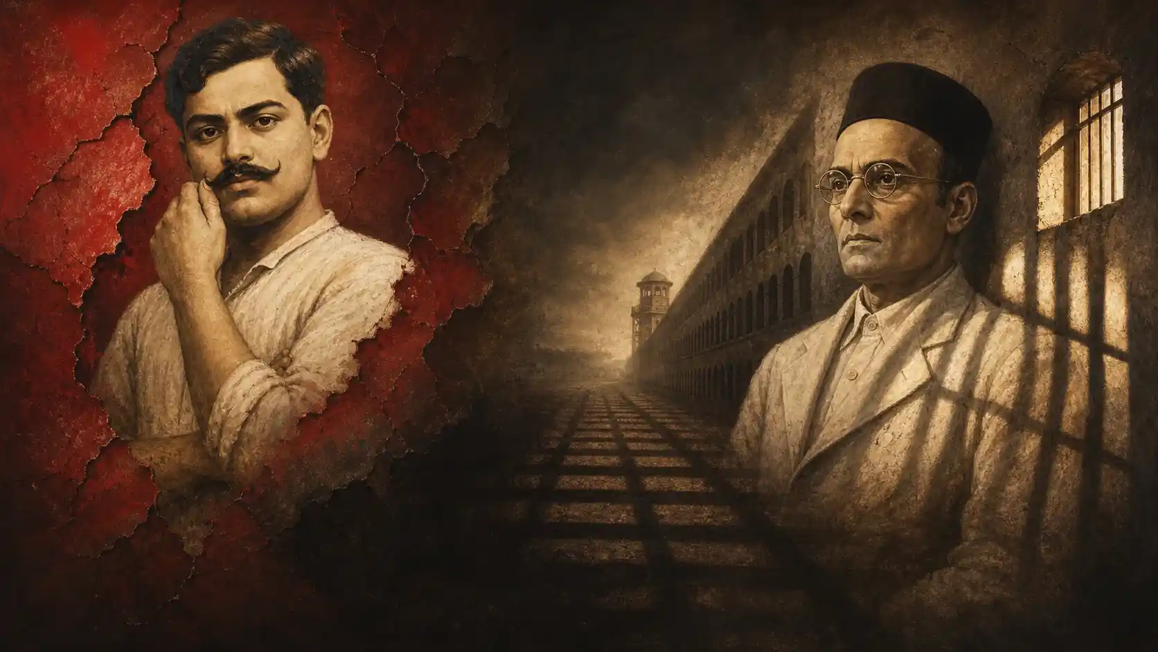 Chandrashekhar Azad emerging from a cracked red wall beside Vinayak Damodar Savarkar.