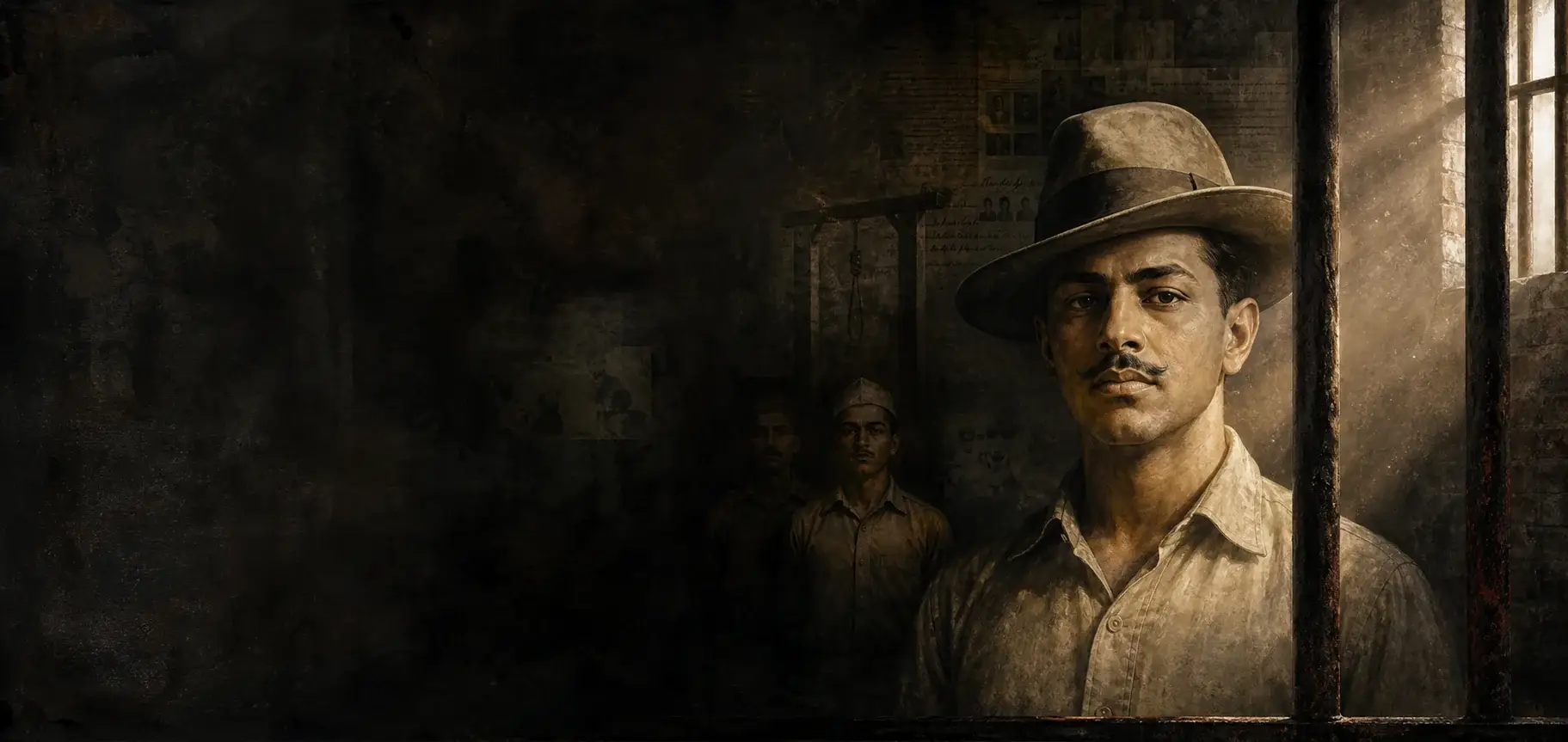 Bhagat Singh, with Rajguru and Sukhdev in the prison shadow.