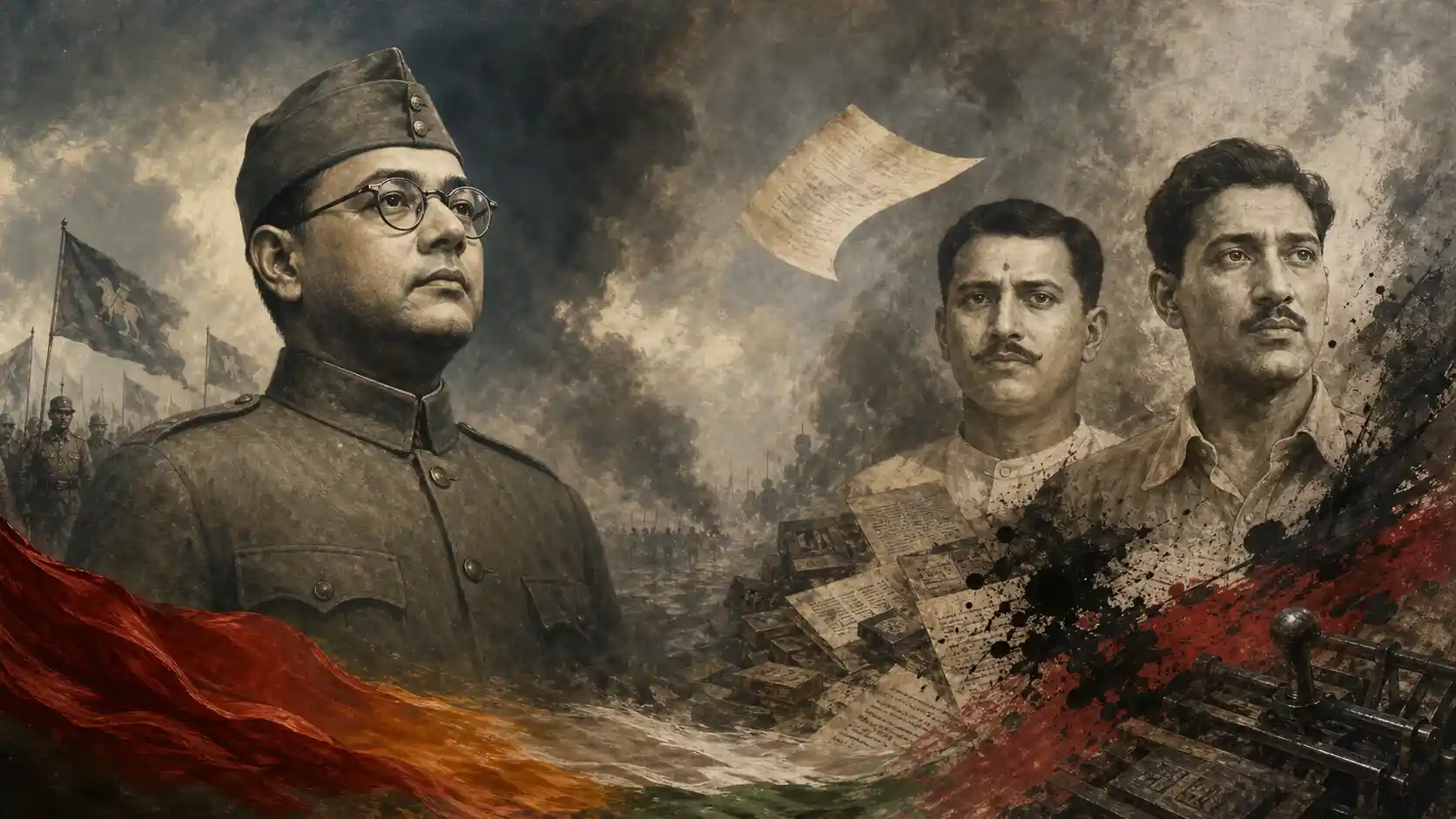 Subhas Chandra Bose, Ram Prasad Bismil and Ashfaqulla Khan in wind, smoke and print.