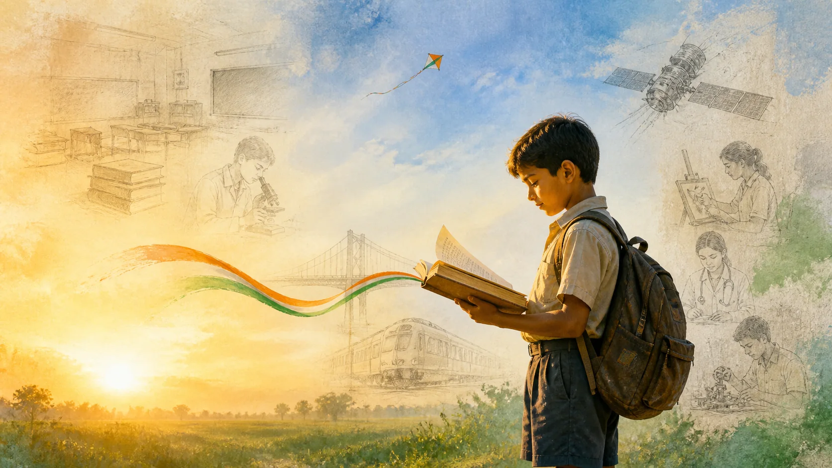 A child reading in the open morning, with the possibilities of a free India behind them.
